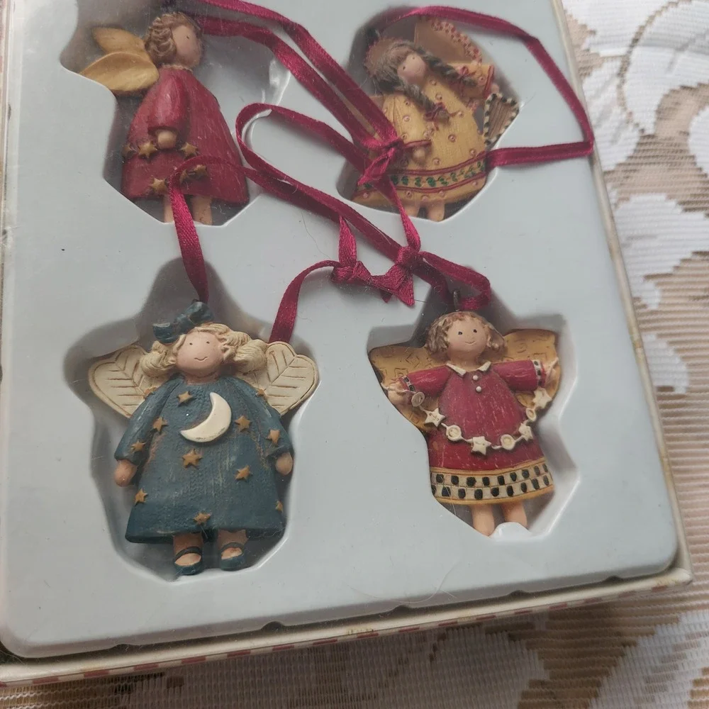 Debbie Mumm Holiday Collection Angel Ornaments Set of 4 Folk Art Christmas Resin